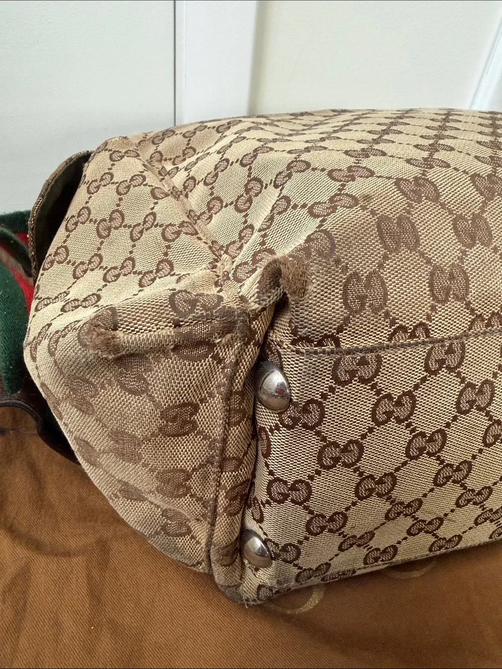Gucci Brown GG Canvas Diaper Bag with Green and Red Signature Strap